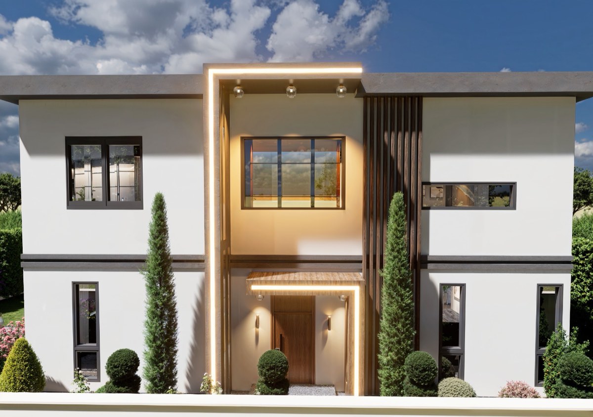 Front elevation of a two-storey house, with a lit double-height entrance bay and dark timber screening