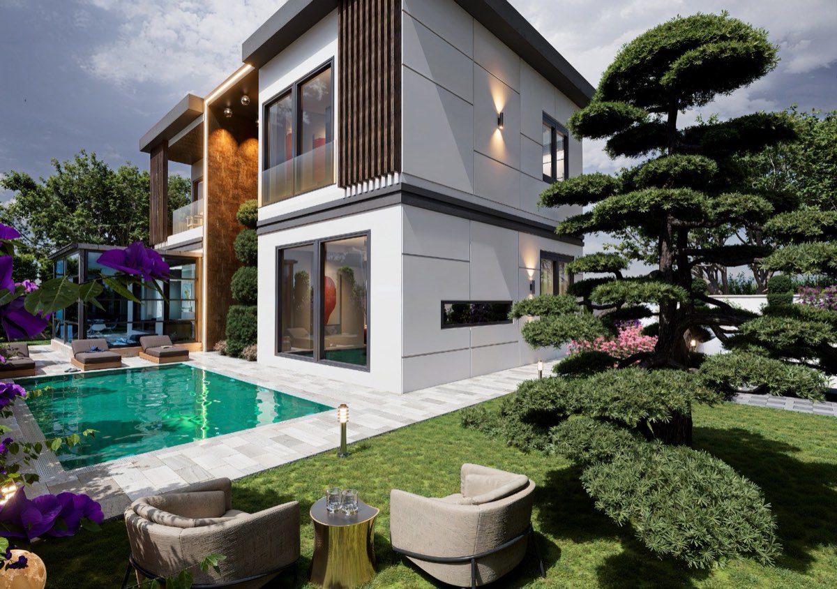 Garden elevation with the pool and terrace, seen from the lawn