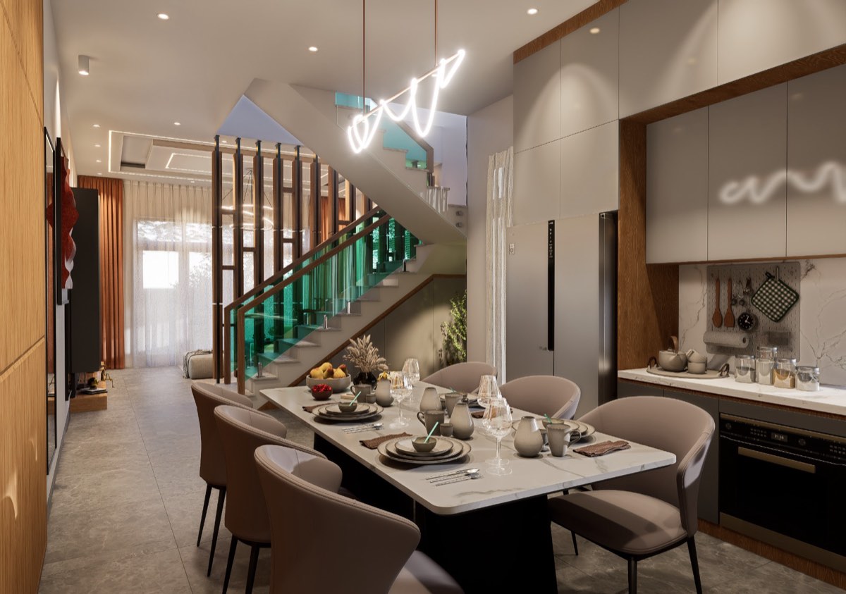 Dining table set below the stair, open to the kitchen