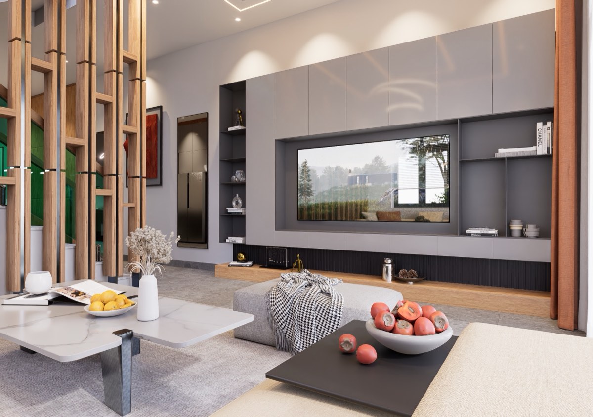 Living room media wall in grey joinery with open shelving