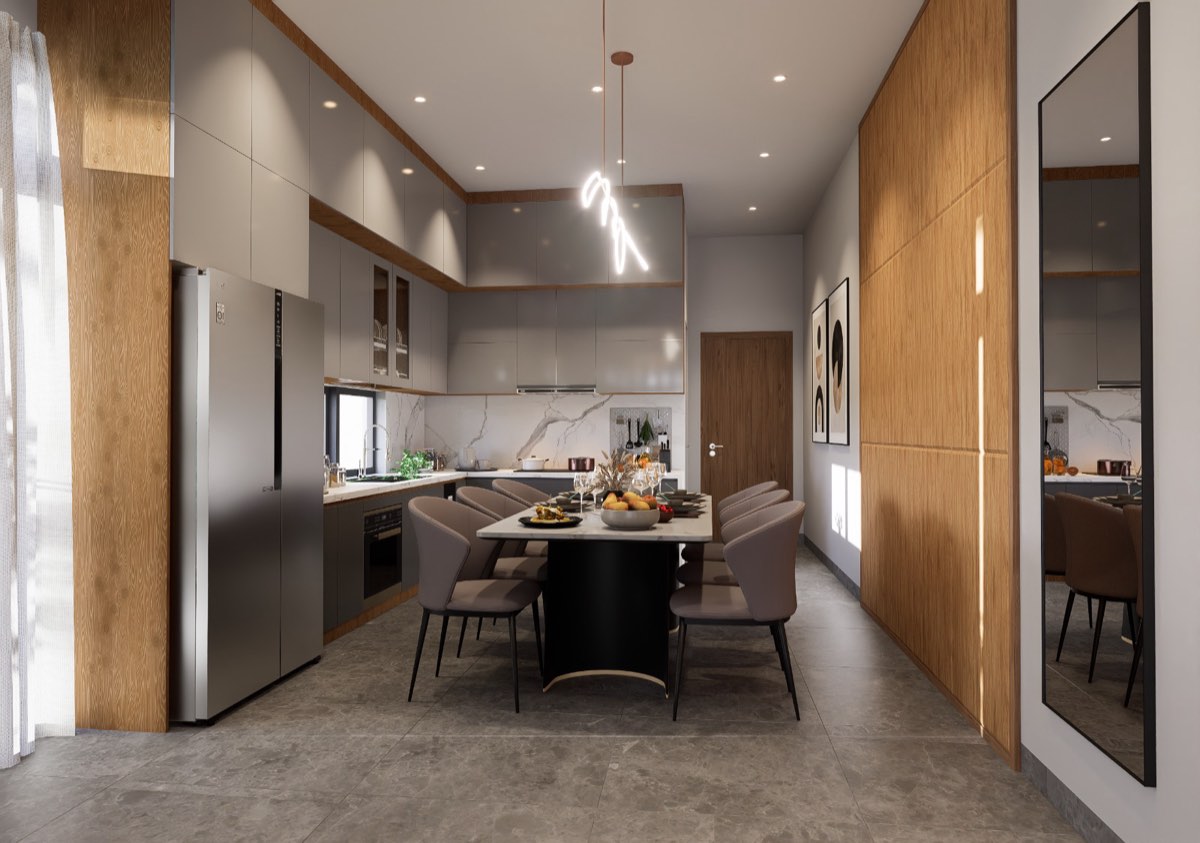 Kitchen and dining axis with marble splashback and full-height timber joinery